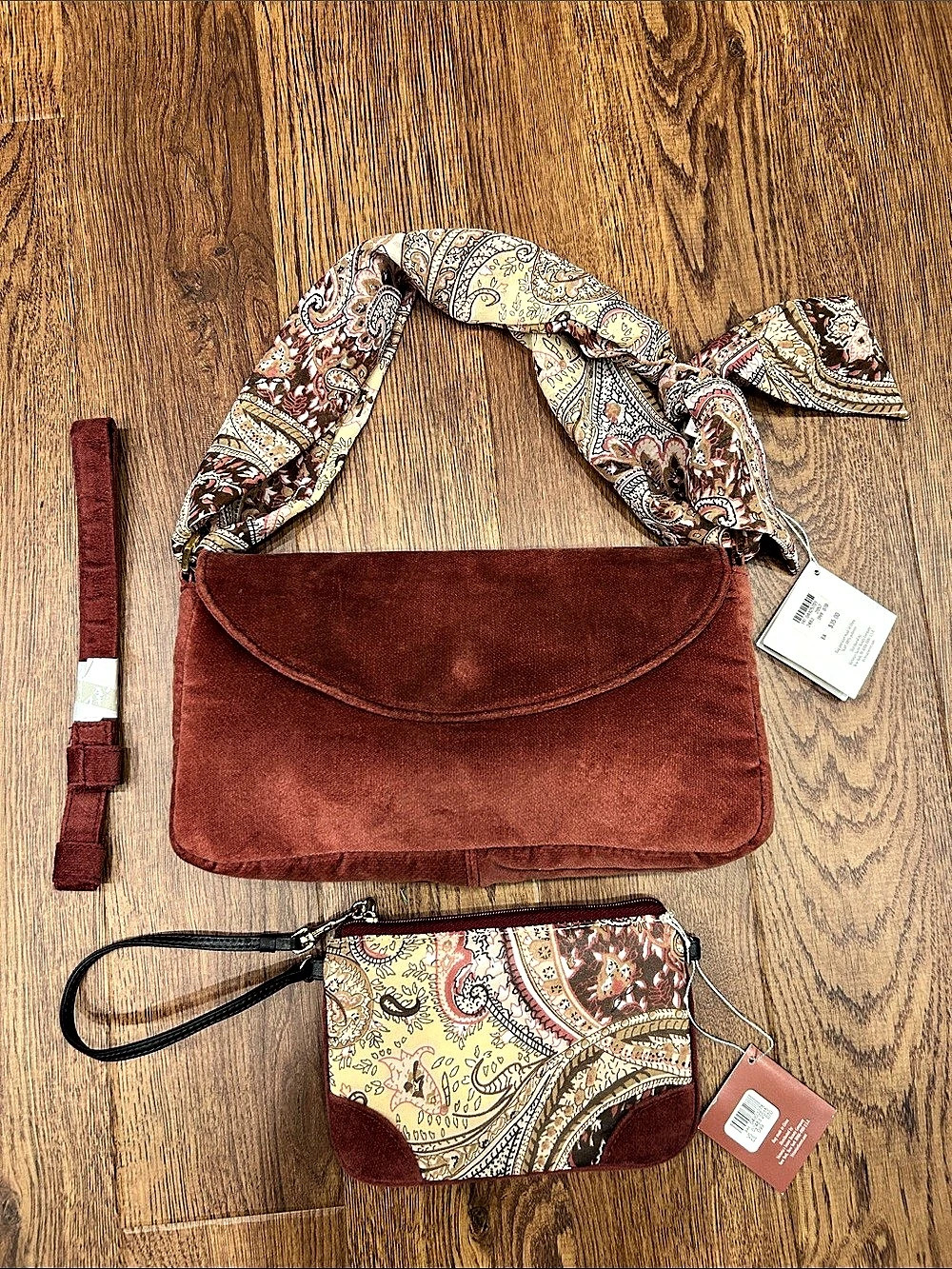 Victoria's Secret Paisley Scarf Velvet Shoulder Bag Set in Terracotta Wristlet